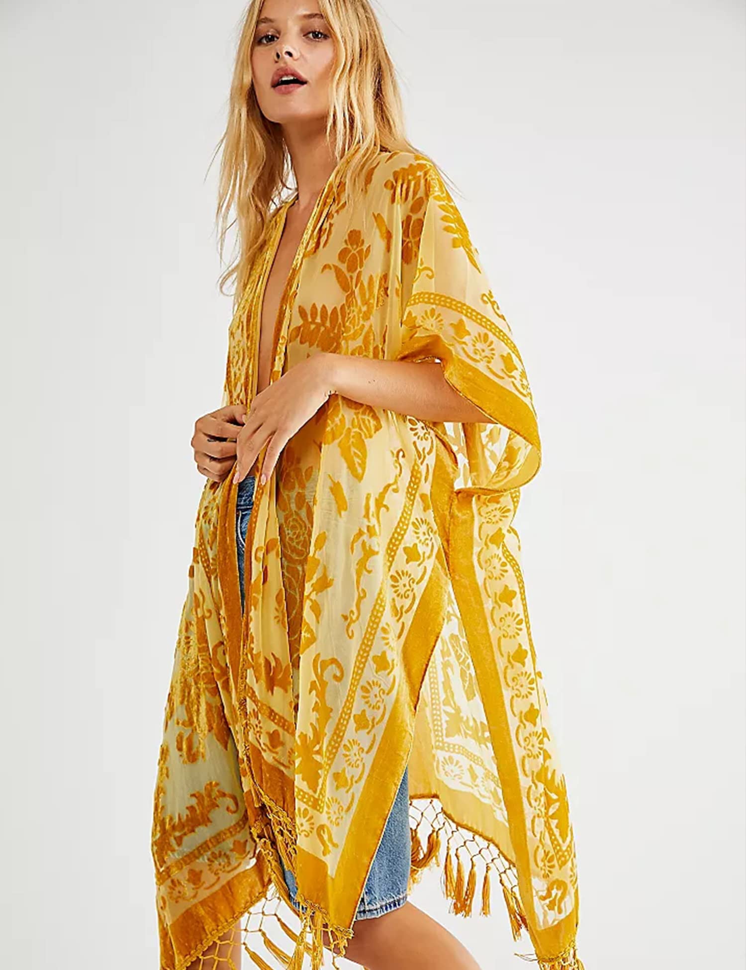 Kimono En Velours Brûlé Pour Femme Avec Pompons | Cardigan Léger Bohème | Parfait Plage, Soirée, Cadeau | 50% Rayonne, 50% Nylon